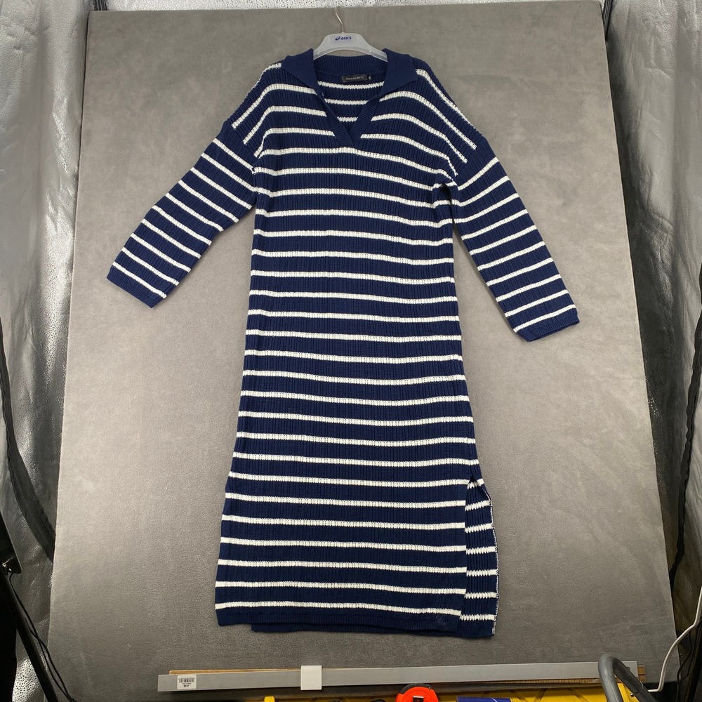 Merokeety Navy Blue White Striped Ribbed Knit‎ Polo Collar Midi Sweater Dress M